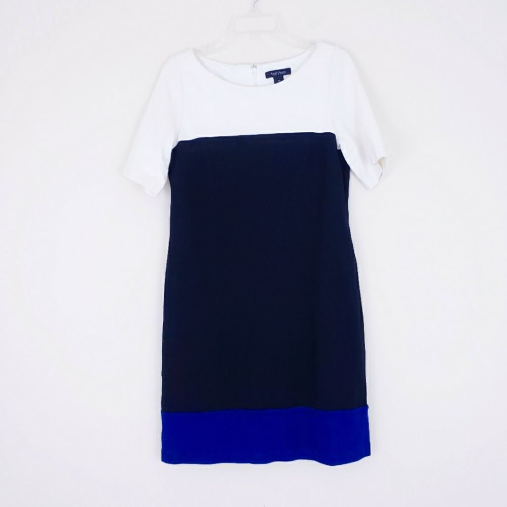 White House Black Market Colorblock Sheath Dress White Black Blue Size 10